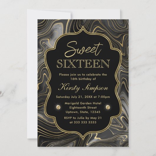 Elegant Black en Gold Geode Strata Sweet 16 Kaart (Voorkant)