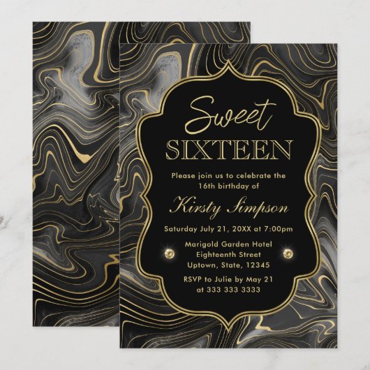 Elegant Black en Gold Geode Strata Sweet 16 Kaart (Voorkant / Achterkant)
