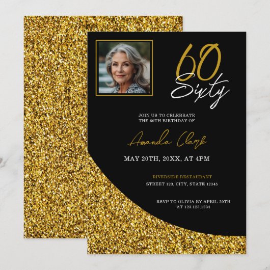 Elegant Black en Gold Glitter 60th Birthday Kaart (Voorkant / Achterkant)
