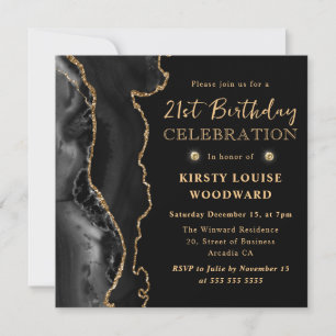 Elegant Black en Gold Glitter Agate 21st Birthday Kaart