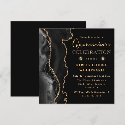 Elegant Black en Gold Glitter Agate Quinceanera Kaart (Voorkant / Achterkant)