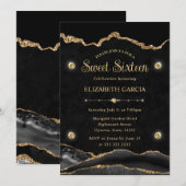 Elegant Black en Gold Glitter Agate Sweet Sixteen Kaart (Voorkant / Achterkant)