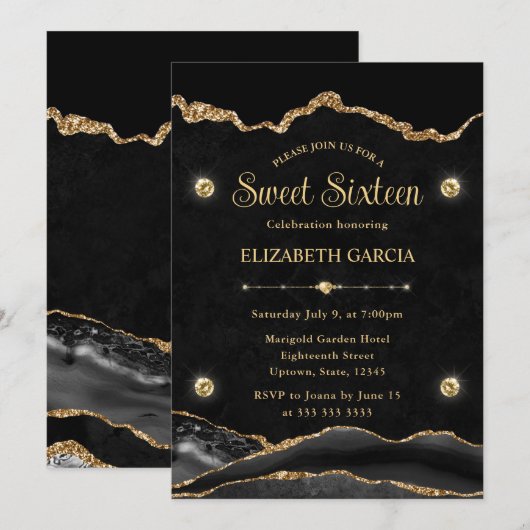 Elegant Black en Gold Glitter Agate Sweet Sixteen Kaart (Voorkant / Achterkant)