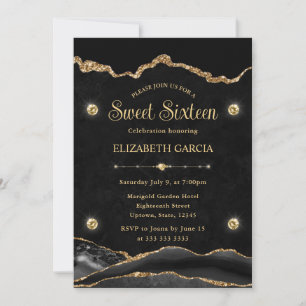 Elegant Black en Gold Glitter Agate Sweet Sixteen Kaart