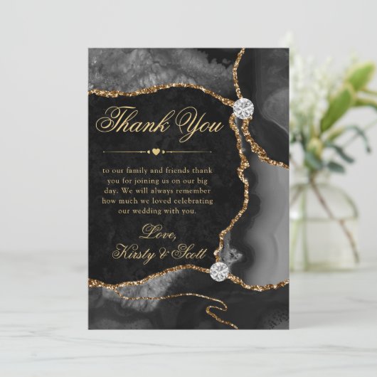 Elegant Black en Gold Glitter Agate Wedding Bedankkaart (Staand voorkant)