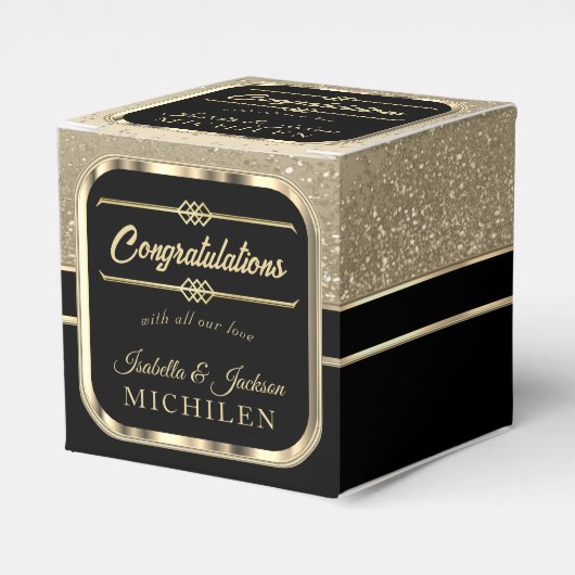 Elegant Black en Gold Glitter Bedankdoosjes (Voorkant Zijde)