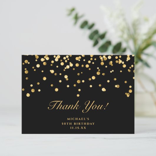 Elegant Black en Gold Glitter Dust Birthday Bedankkaart (Staand voorkant)
