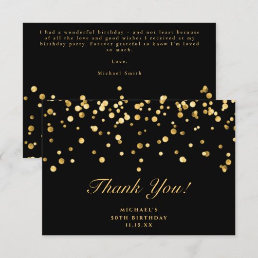 Elegant Black en Gold Glitter Dust Birthday Bedankkaart (Voorkant / Achterkant)