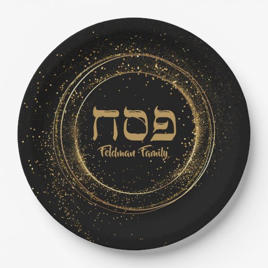 Elegant Black en Gold Glitter Hebreeuwse Passover Papieren Bordje (Voorkant)