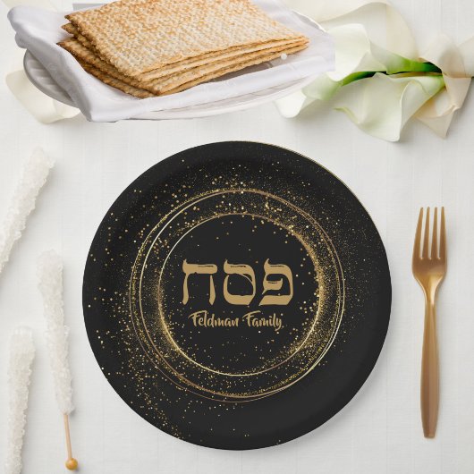 Elegant Black en Gold Glitter Hebreeuwse Passover Papieren Bordje