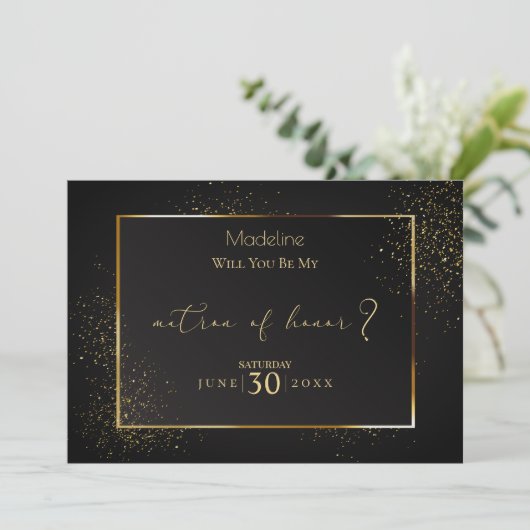 Elegant Black en Gold Glitter Matron of Honor Kaart (Staand voorkant)