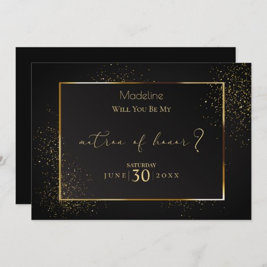 Elegant Black en Gold Glitter Matron of Honor Kaart (Voorkant / Achterkant)