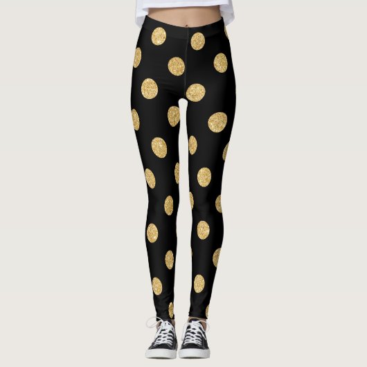 Elegant Black en Gold Glitter Polka Dots Pattern Leggings (Voorkant)