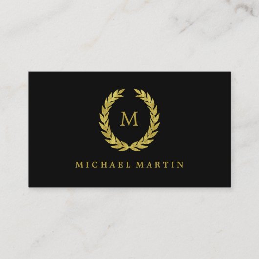 Elegant Black en Gold Laurel Wreatwith Monogram Visitekaartje (Voorkant)