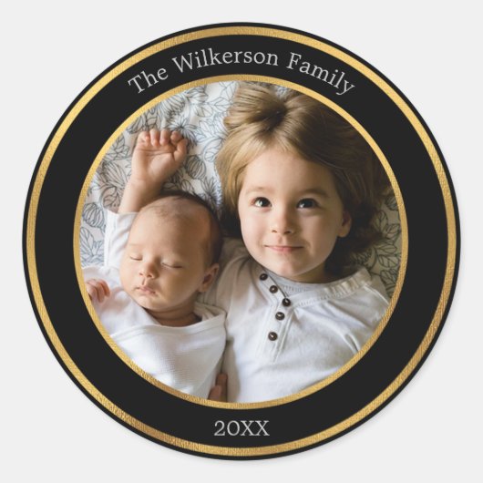 Elegant Black en Gold Lijst - Aangepaste foto Ronde Sticker (Voorkant)