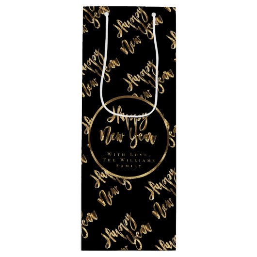 Elegant Black en Gold look Script Happy Nieuwjaar Wijn Cadeautas (Voorkant)