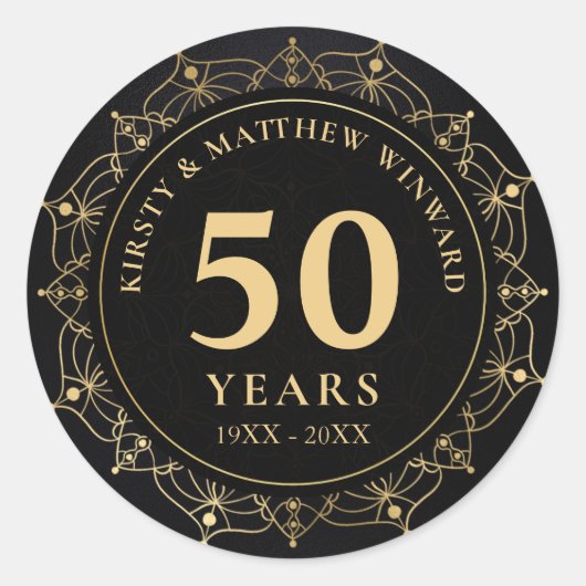 Elegant Black en Gold Mandala 50e Jubileum Ronde Sticker (Voorkant)