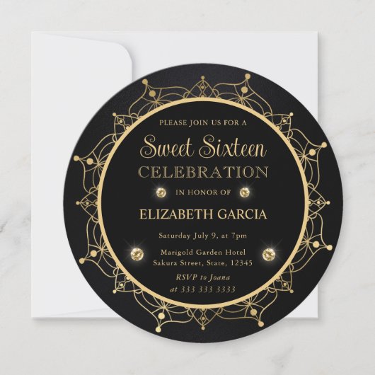 Elegant Black en Gold Mandala Sweet Sixteen Kaart (Voorkant)