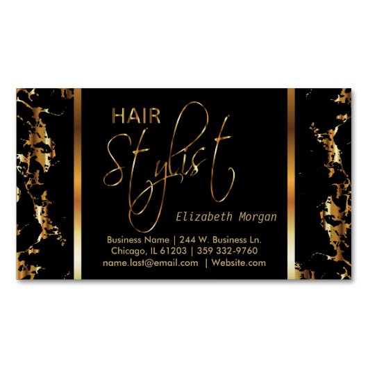 Elegant Black en Gold Marble Hair Stylist Magnetisch Visitekaartje