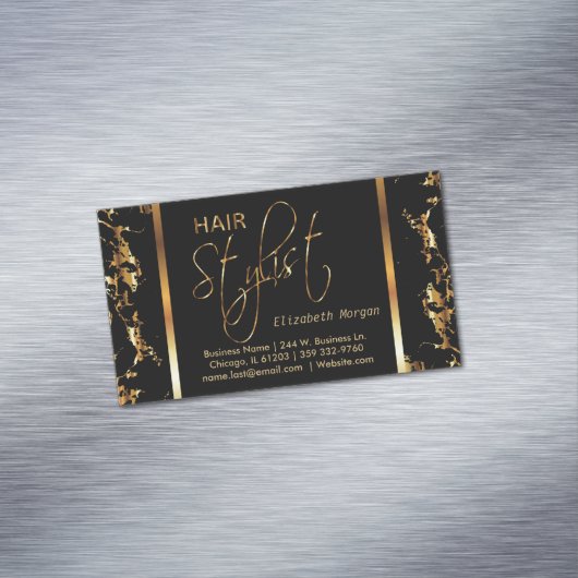 Elegant Black en Gold Marble Hair Stylist Magnetisch Visitekaartje (Voorbeeld)