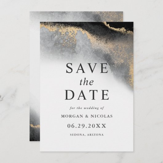 Elegant Black en Gold Marble Photo Save the Date (Voorkant / Achterkant)