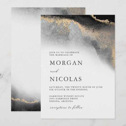 Elegant Black en Gold Marked Opulence Wedding Kaart (Voorkant / Achterkant)
