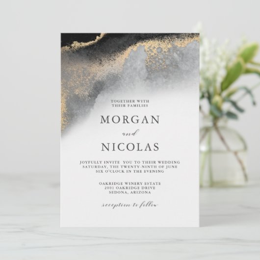 Elegant Black en Gold Marked Opulence Wedding Kaart (Staand voorkant)