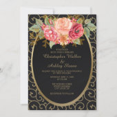 Elegant Black en Gold met Rozen Wedding Invite Kaart (Voorkant)