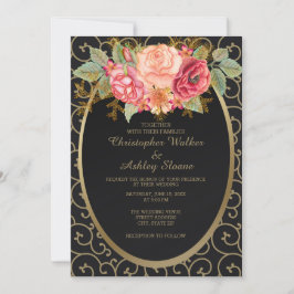 Elegant Black en Gold met Rozen Wedding Invite Kaart