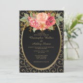 Elegant Black en Gold met Rozen Wedding Invite Kaart (Staand voorkant)