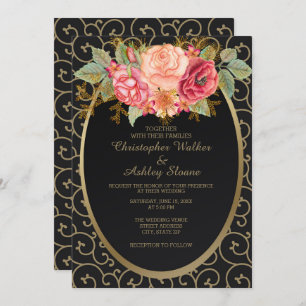 Elegant Black en Gold met Rozen Wedding Invite Kaart