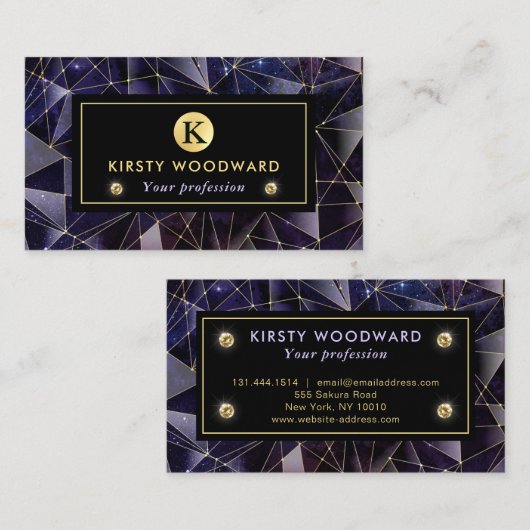 Elegant Black en Gold Midnight Crystal Galaxy Visitekaartje (Voorkant / Achterkant)