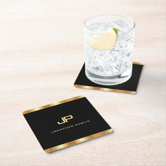 Elegant Black en Gold Modern Monogram Sjabloon Kartonnen Onderzetters (Insitu)