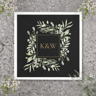 Elegant Black en Gold Monogram Greenery Servet