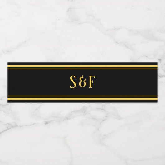 Elegant Black en Gold Monogram Waterfles Etiket (Enkel label)