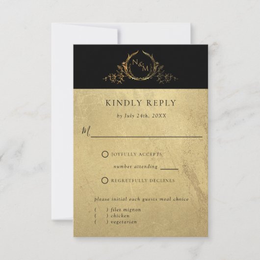 Elegant Black en Gold Monogram, zonder maaltijden RSVP Kaartje (Voorkant)