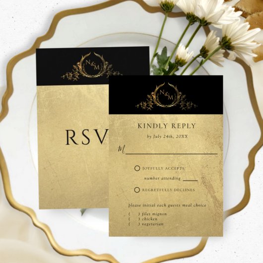 Elegant Black en Gold Monogram, zonder maaltijden RSVP Kaartje
