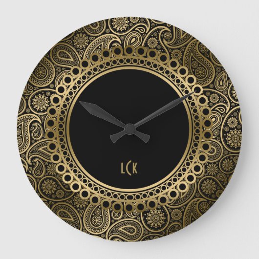 Elegant Black en Gold Paisley  Lijst Grote Klok (Voorkant)