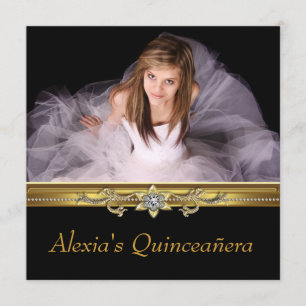 Elegant Black en Gold Photo Quinceanera Kaart