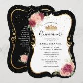 Elegant Black en Gold Pink Floral Quinceanera Kaart (Voorkant / Achterkant)