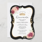 Elegant Black en Gold Pink Floral Quinceanera Kaart (Voorkant)