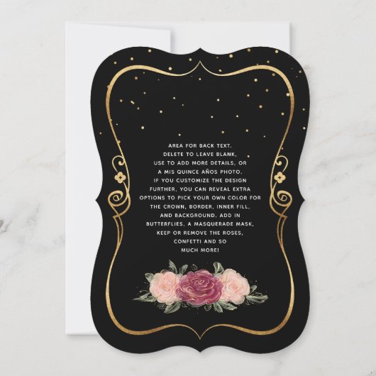 Elegant Black en Gold Pink Floral Quinceanera Kaart (Achterkant)