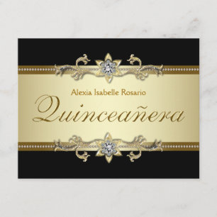 Elegant Black en Gold Quinceanera Kaart