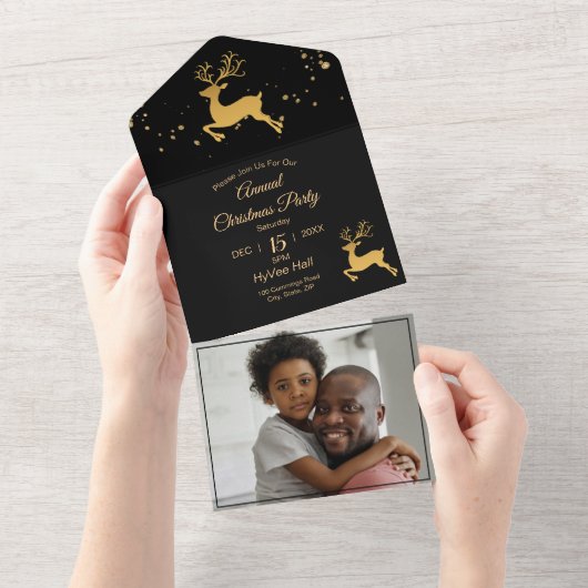Elegant Black en Gold Rudolph All In One Uitnodiging (Afscheurbaar)