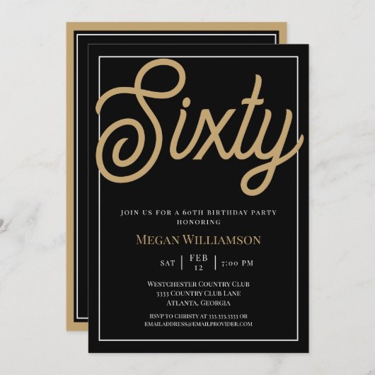 Elegant Black en Gold Script 60th Birthday Kaart (Voorkant / Achterkant)