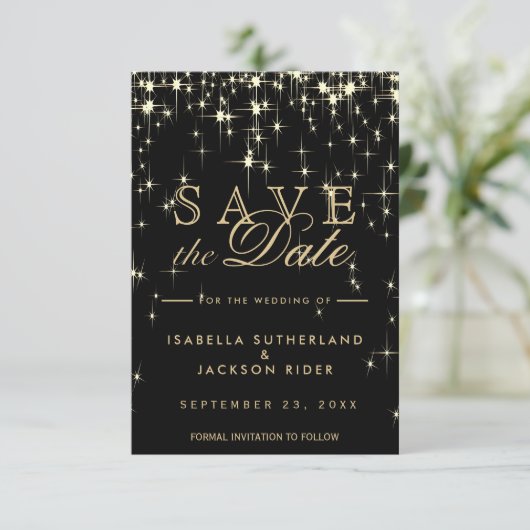 Elegant Black en Gold Starlights - Sla de datum op Save The Date (Staand voorkant)