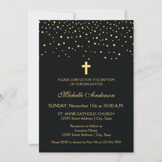 Elegant Black en Gold Stars Christening Baptisme Kaart (Voorkant)