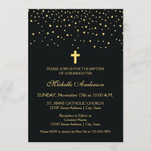Elegant Black en Gold Stars Christening Baptisme Kaart