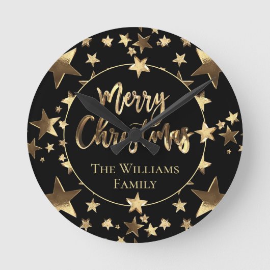Elegant Black en Gold Stars Merry Kerstmis Ronde Klok (Voorkant)