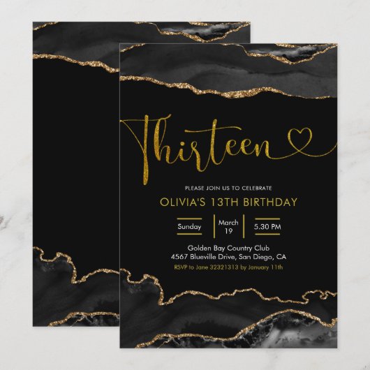 Elegant Black en Gold Thirteen Invitation Kaart (Voorkant / Achterkant)